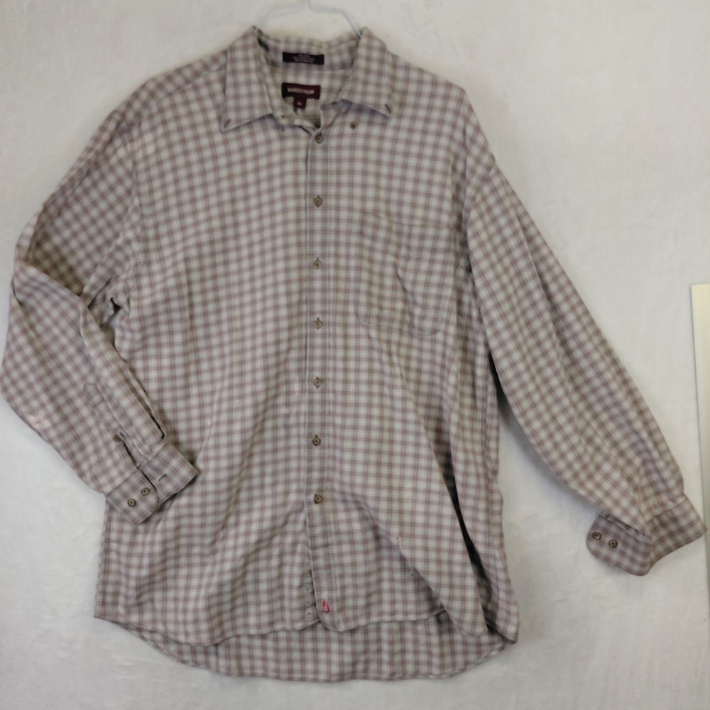 Nordstrom Mens XL Tall Plaid Button Down Shirt Grey Burgundy Cotton Brazil